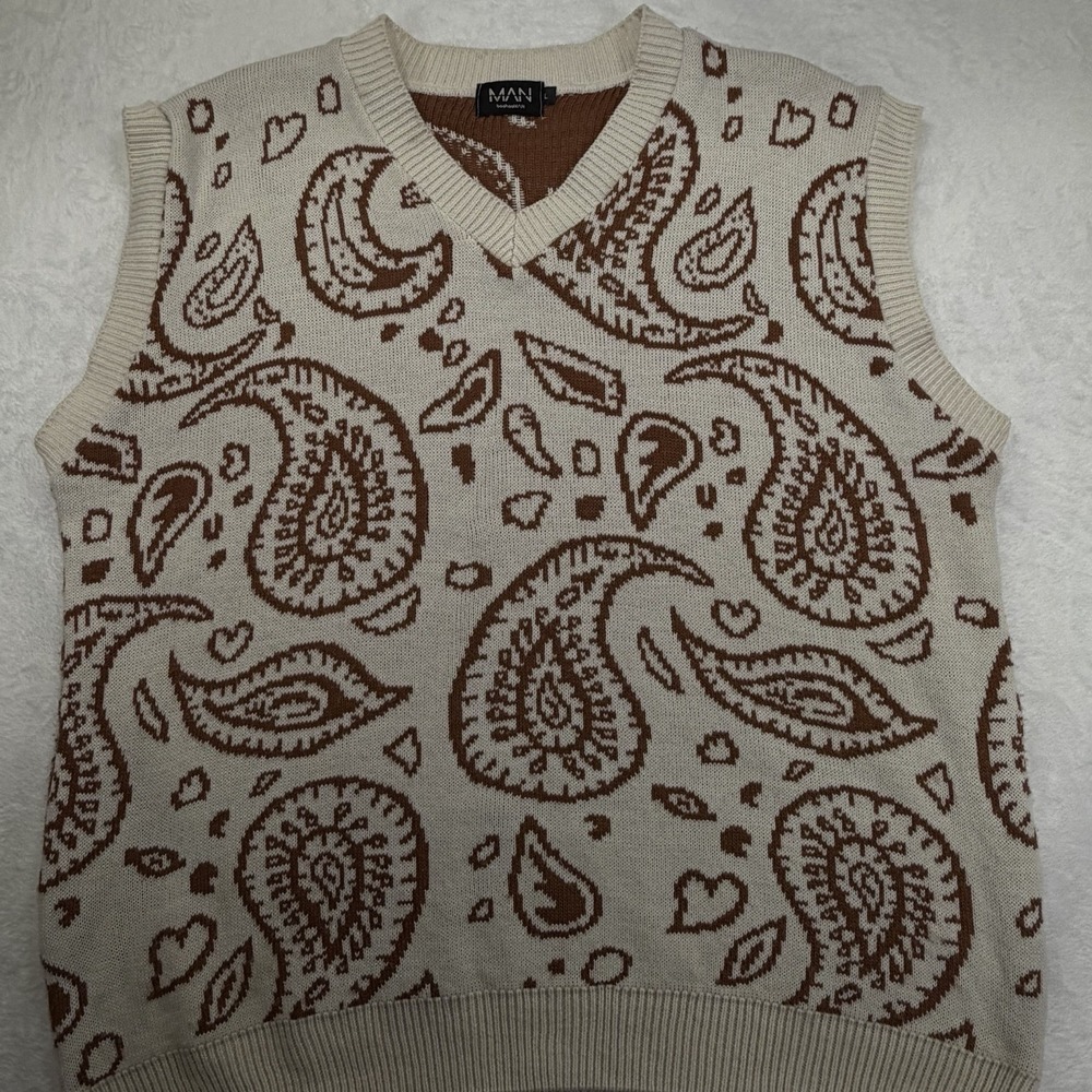 Vintage BoohooMAN Sweater Vest Mens Large Paisley V-Neck Preppy